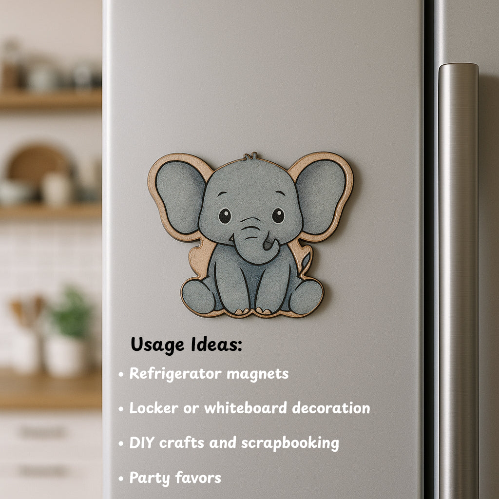 Gray elephant-shaped magnet on a refrigerator with usage ideas listed.