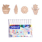 Set of watercolor pens with decorative wooden items on a white background