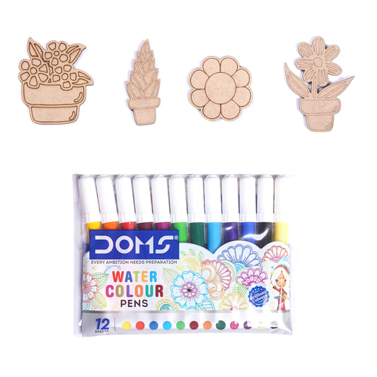 Set of watercolor pens with decorative wooden items on a white background