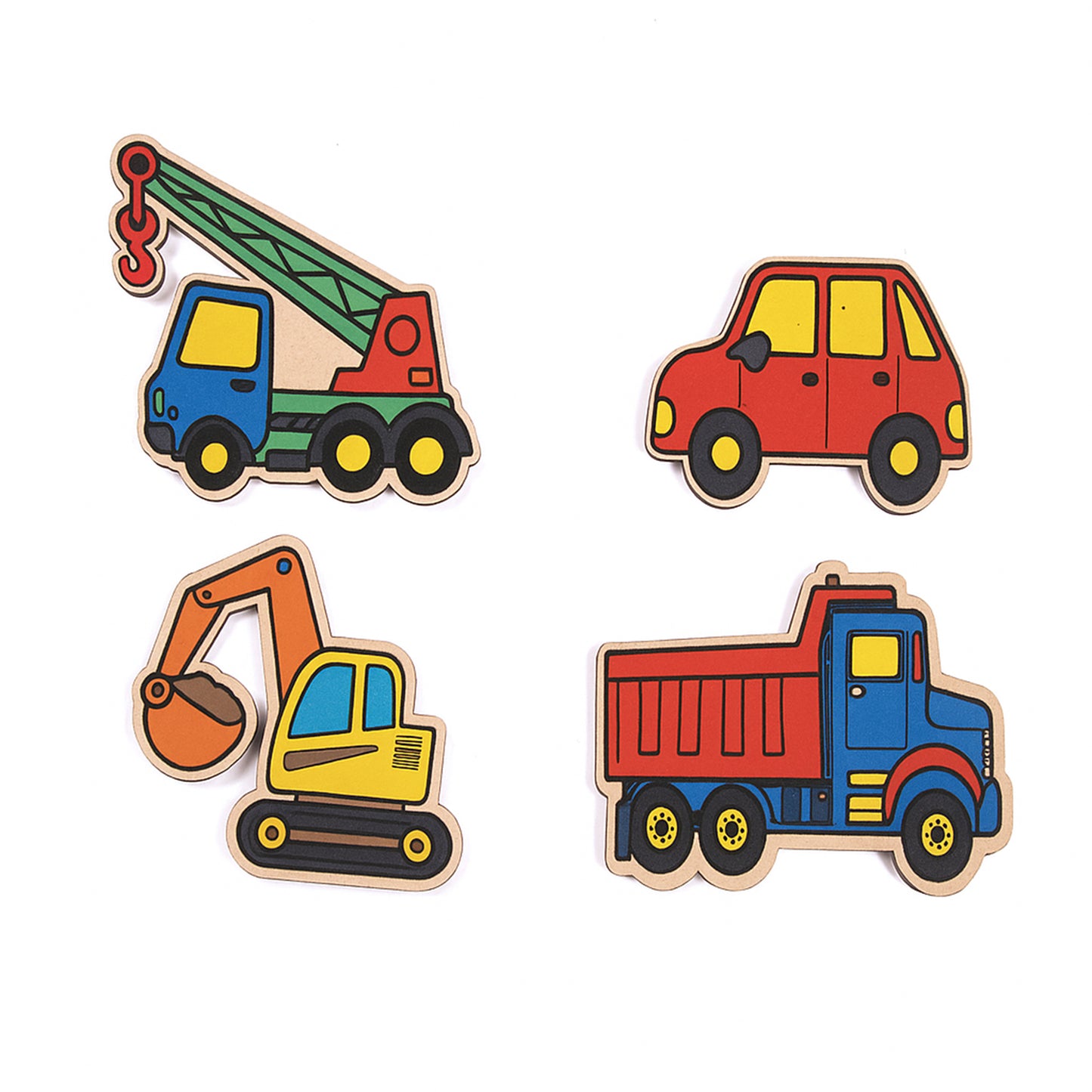 Set of colorful toy vehicles including a crane, car, excavator, and dump truck on a white background.