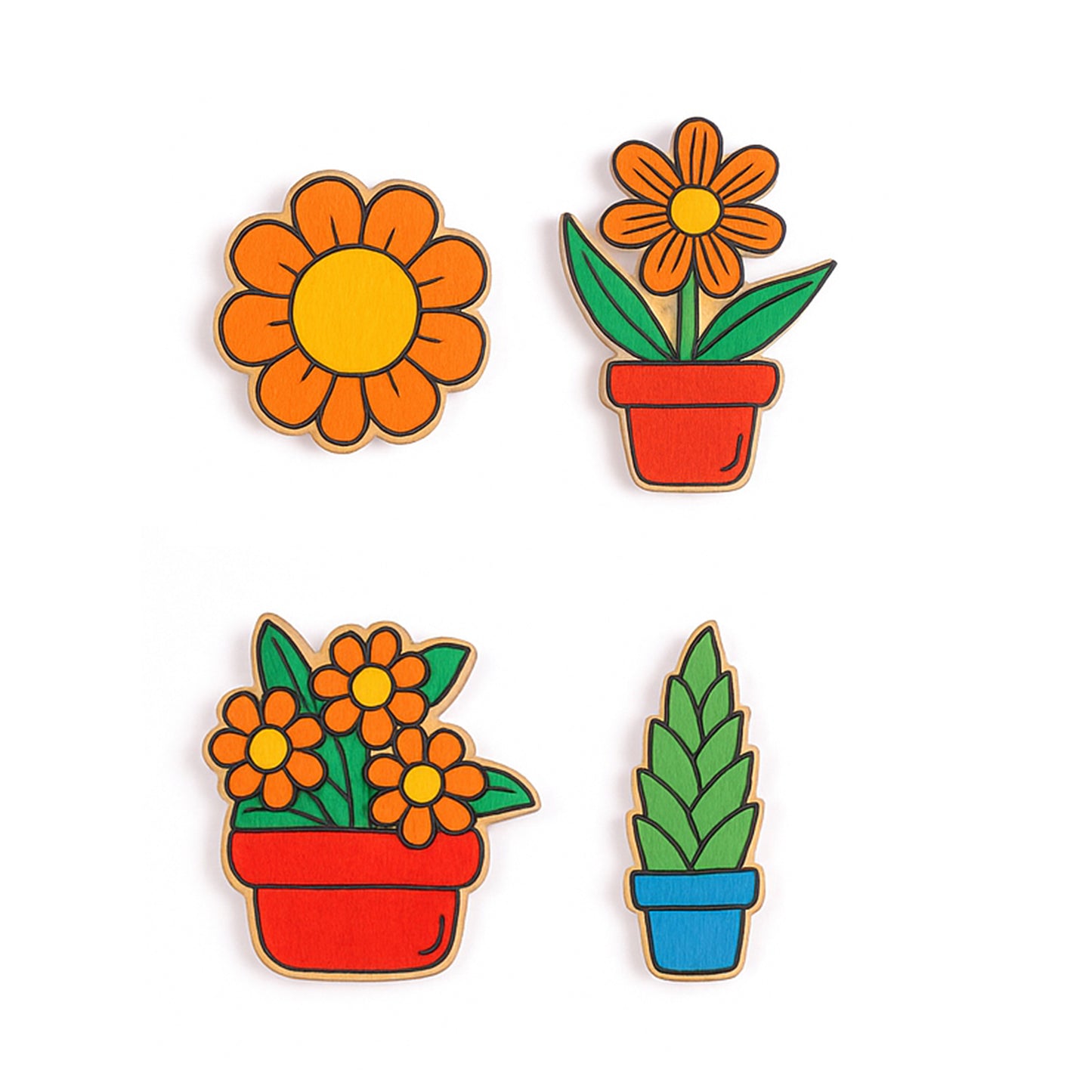 Set of four colorful flower and plant pins on a white background