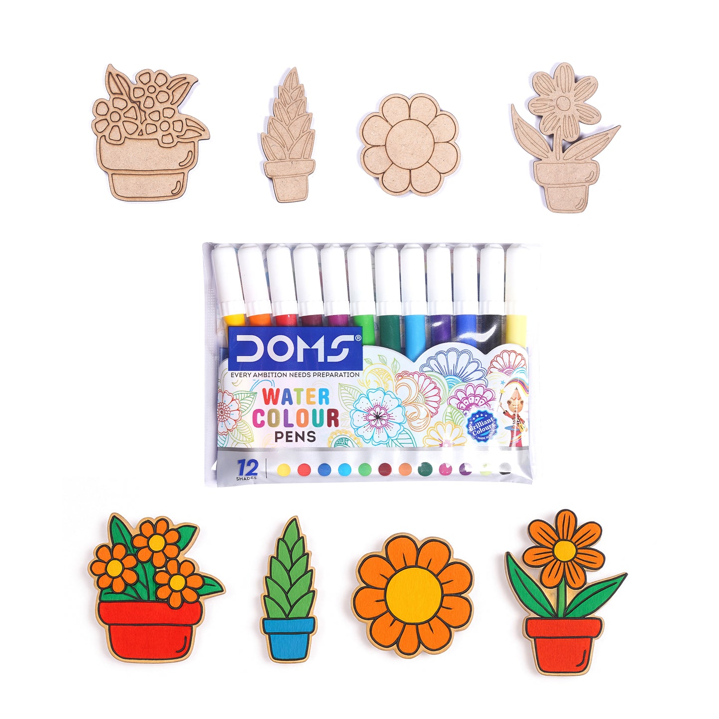 Set of wooden flower-shaped magnets and watercolor pens on a white background