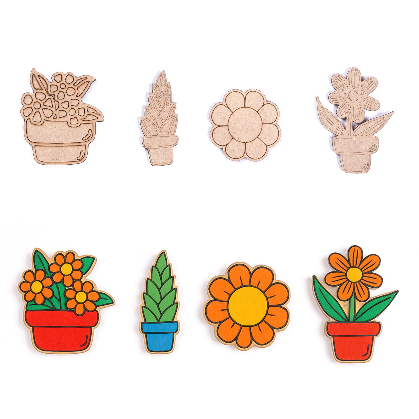 Set of wooden plant-shaped cutouts with different designs on a white background