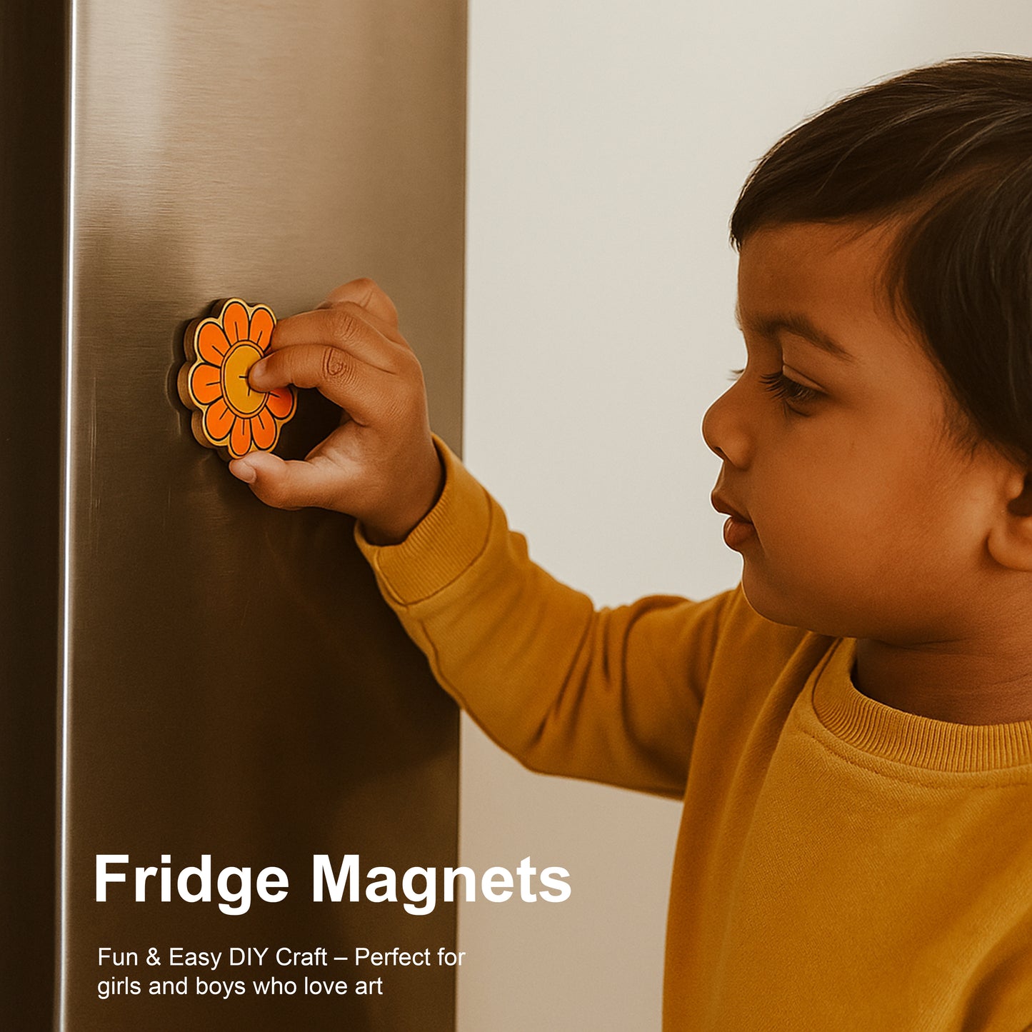 Child interacting with a fridge magnet on a metallic surface