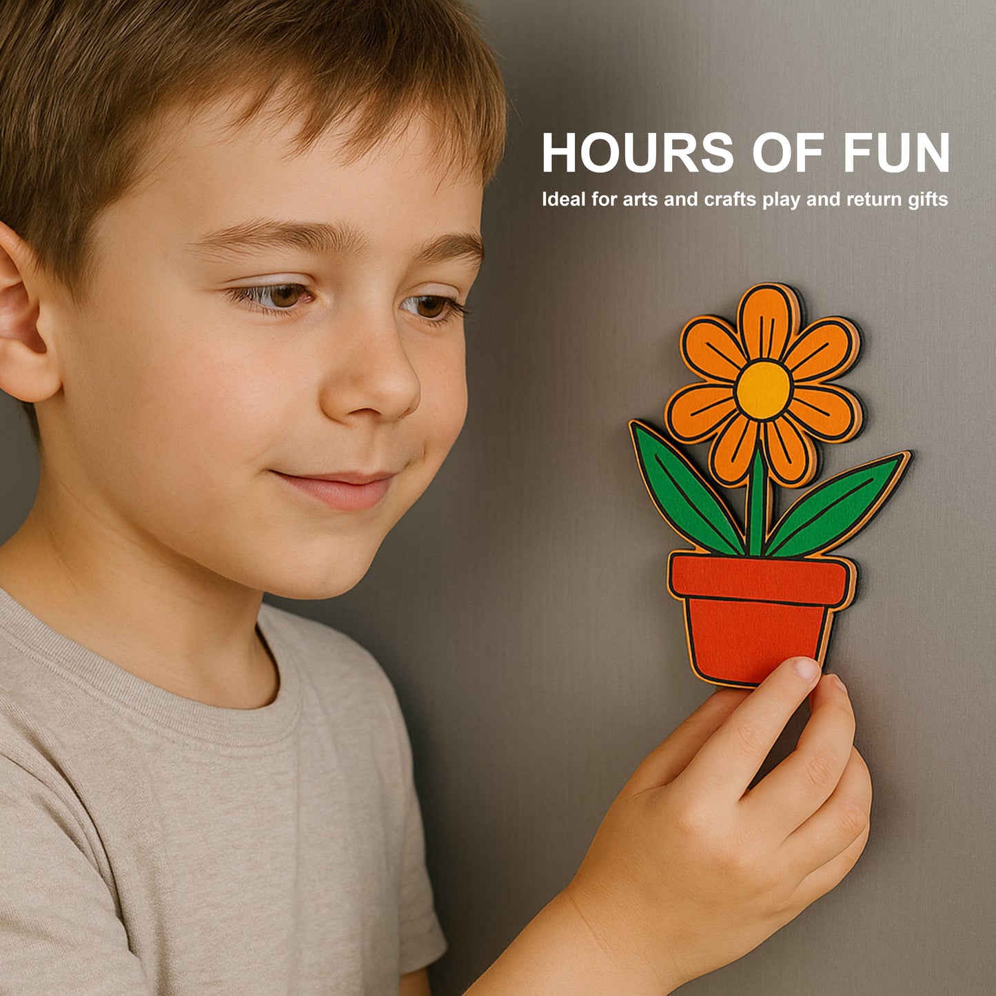 Child holding a flower-shaped craft against a plain background