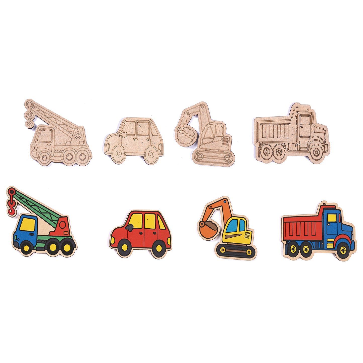Set of colorful toy construction vehicles on a white background