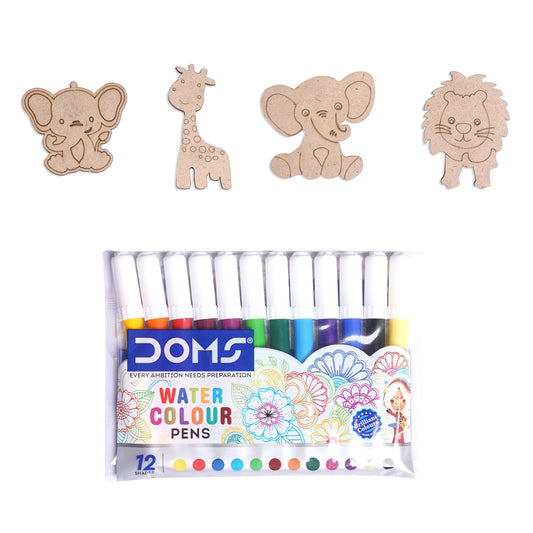 Set of watercolor pens with animal-shaped wooden stamps on a white background