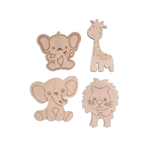 Four wooden animal cutouts on a white background