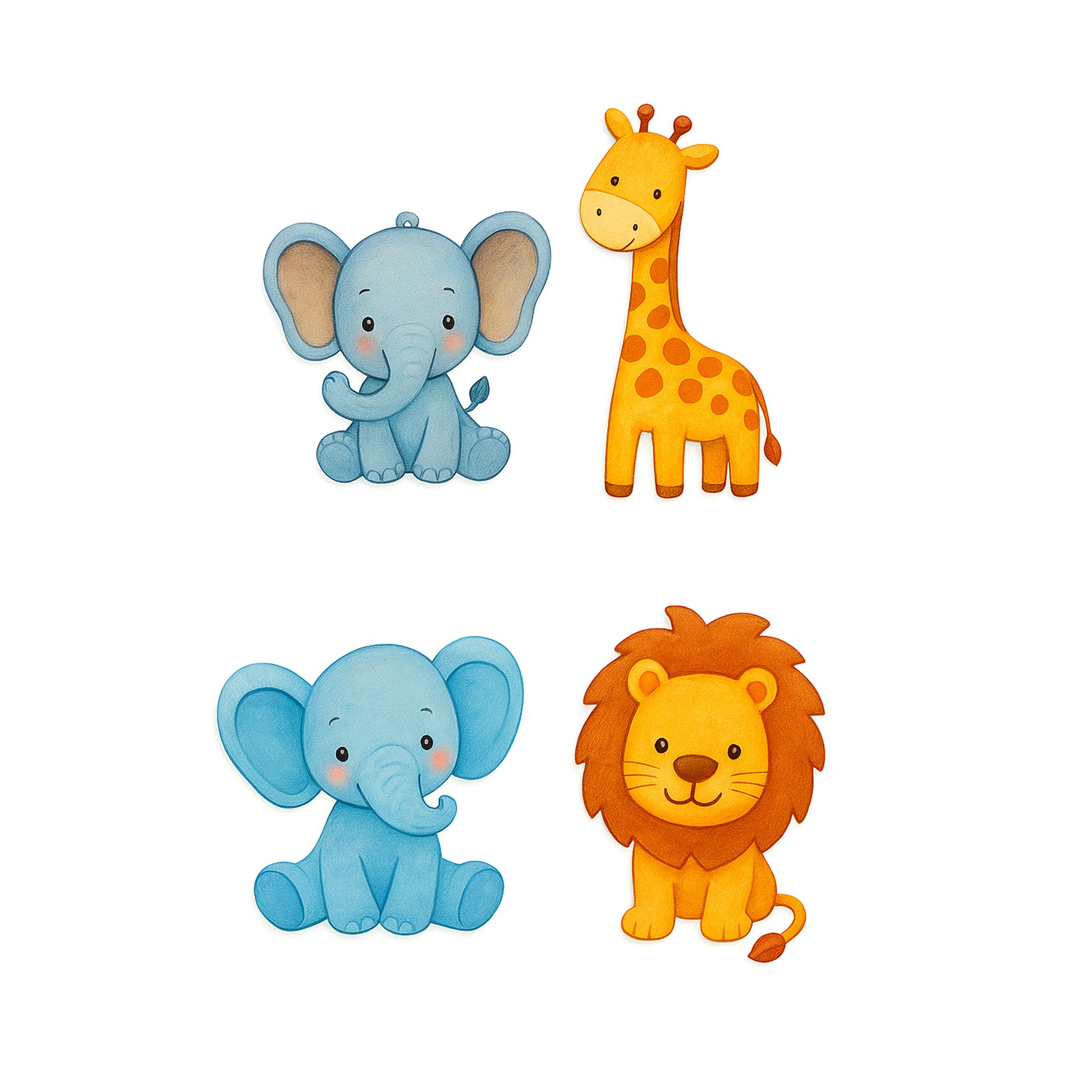 Cartoon elephants, giraffe, and lion on a white background