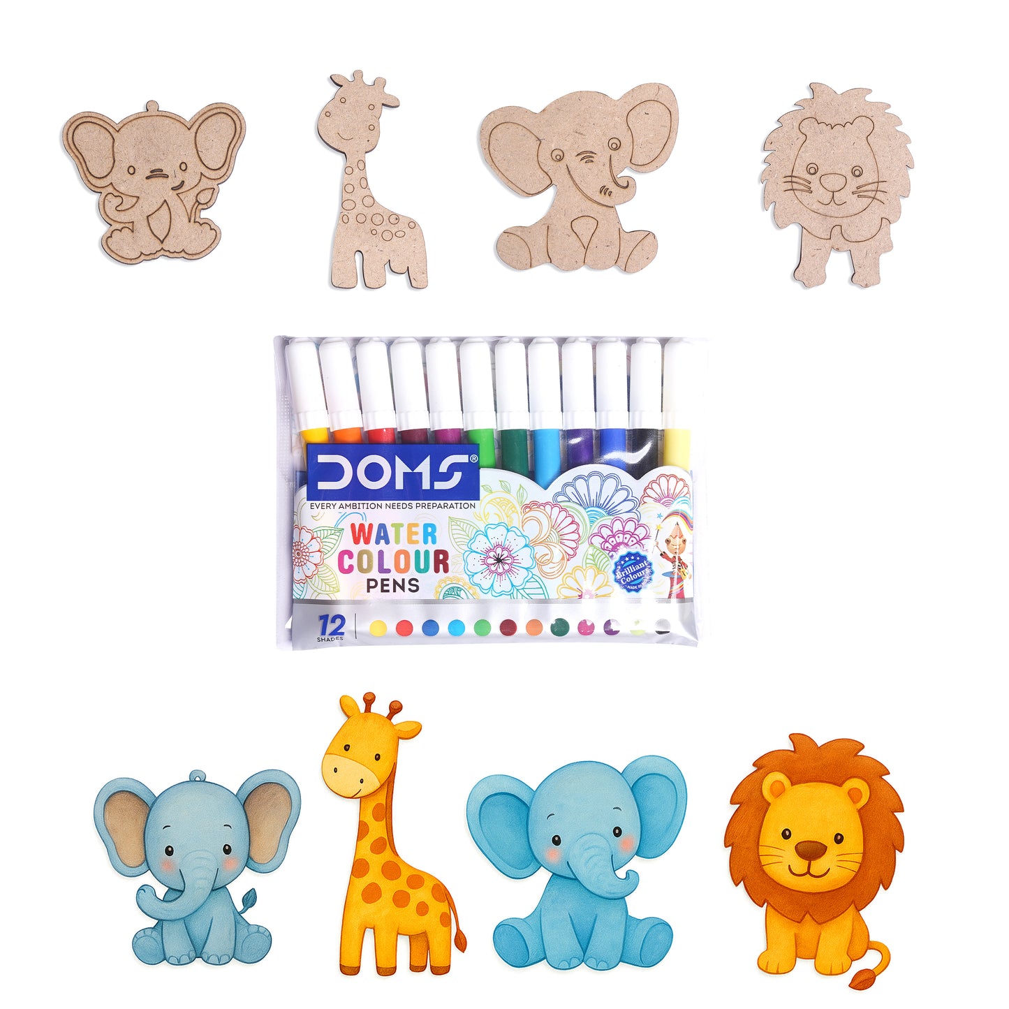 Set of watercolor pens with animal-themed coloring pages on a white background