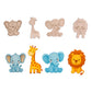 Set of colorful animal figurines including elephants, giraffes, and a lion on a white background