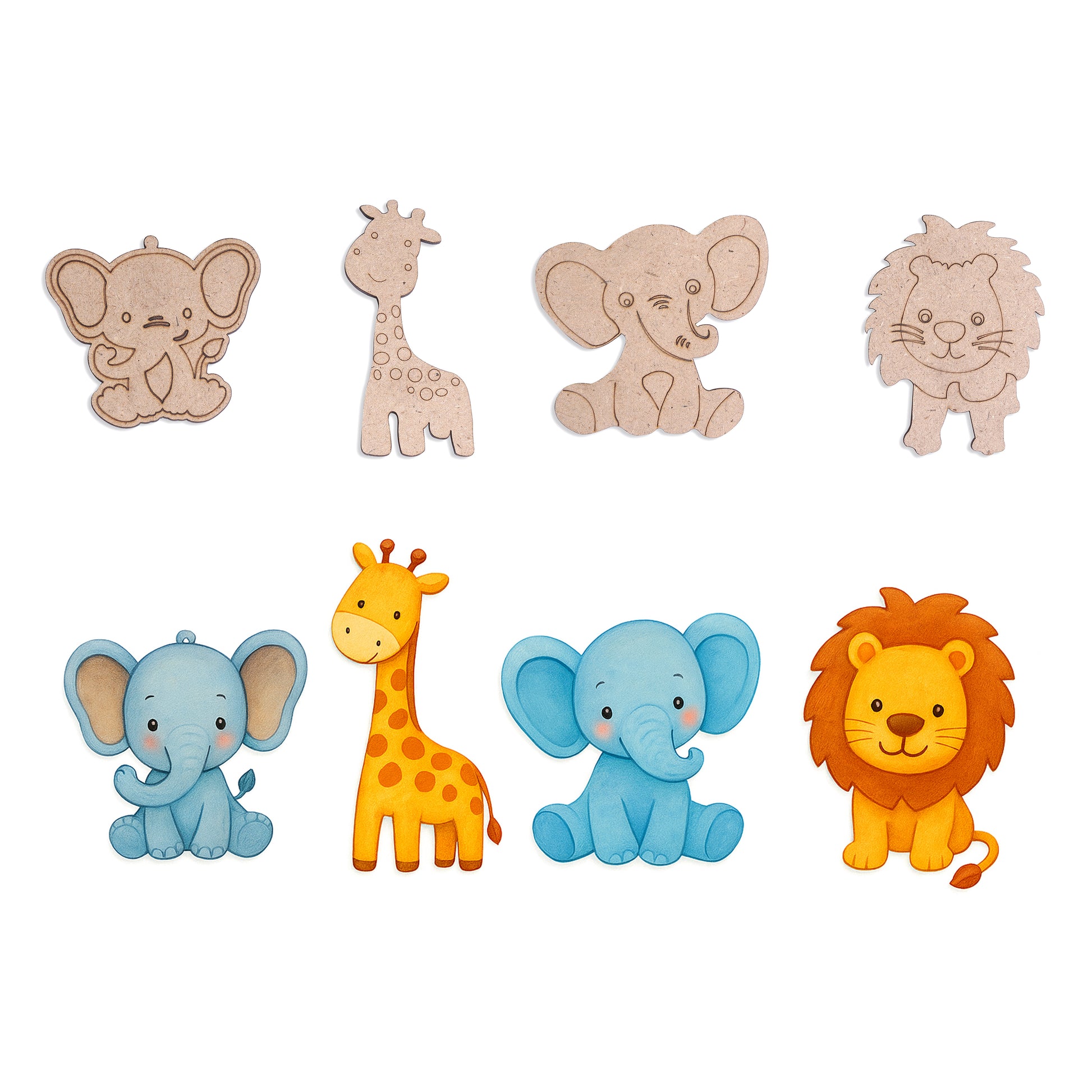 Set of colorful animal figurines including elephants, giraffes, and a lion on a white background