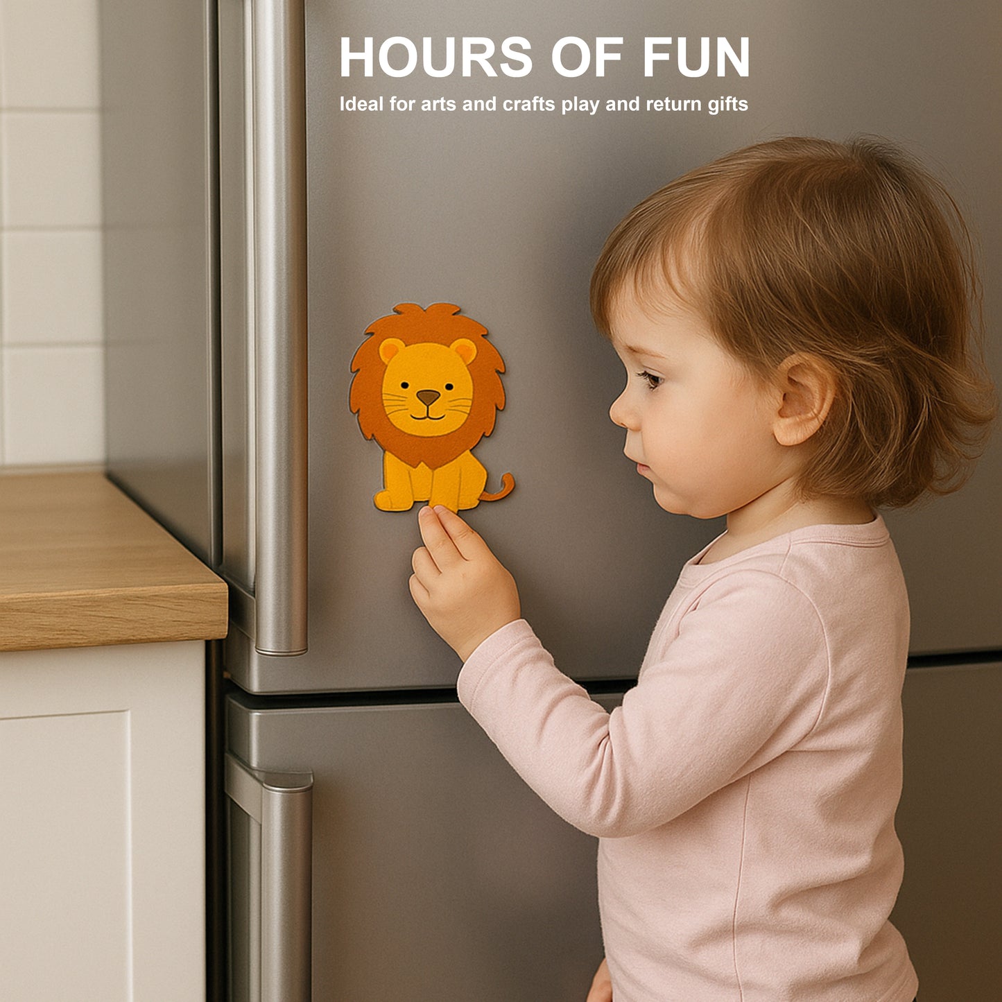 Child interacting with a lion-shaped magnet on a refrigerator door, with text 'HOURS OF FUN' above.