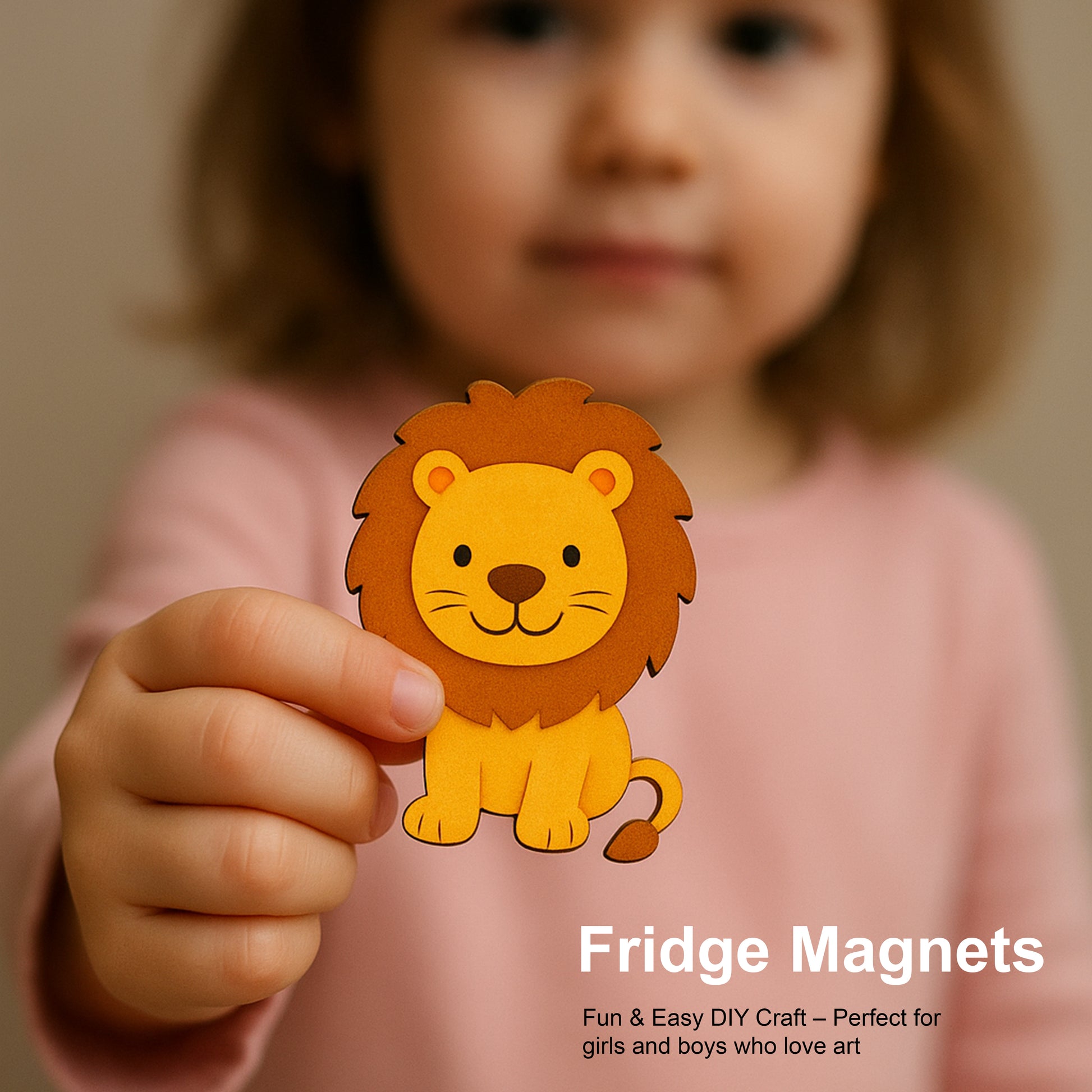 Child holding a lion-shaped fridge magnet with text about DIY craft.