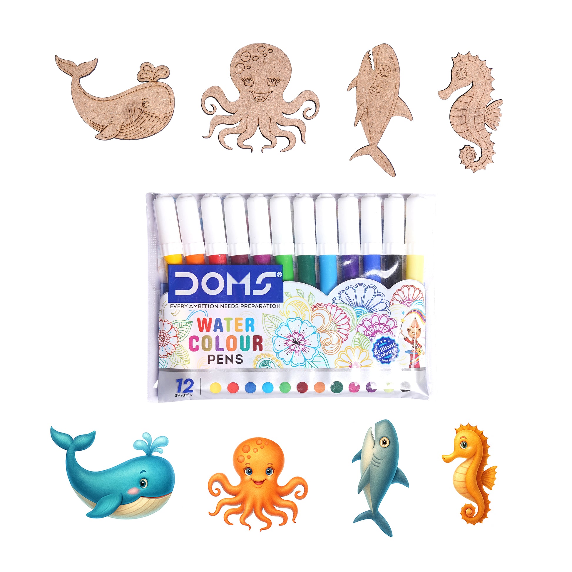 DOMS watercolor pens with sea-themed illustrations on a white background