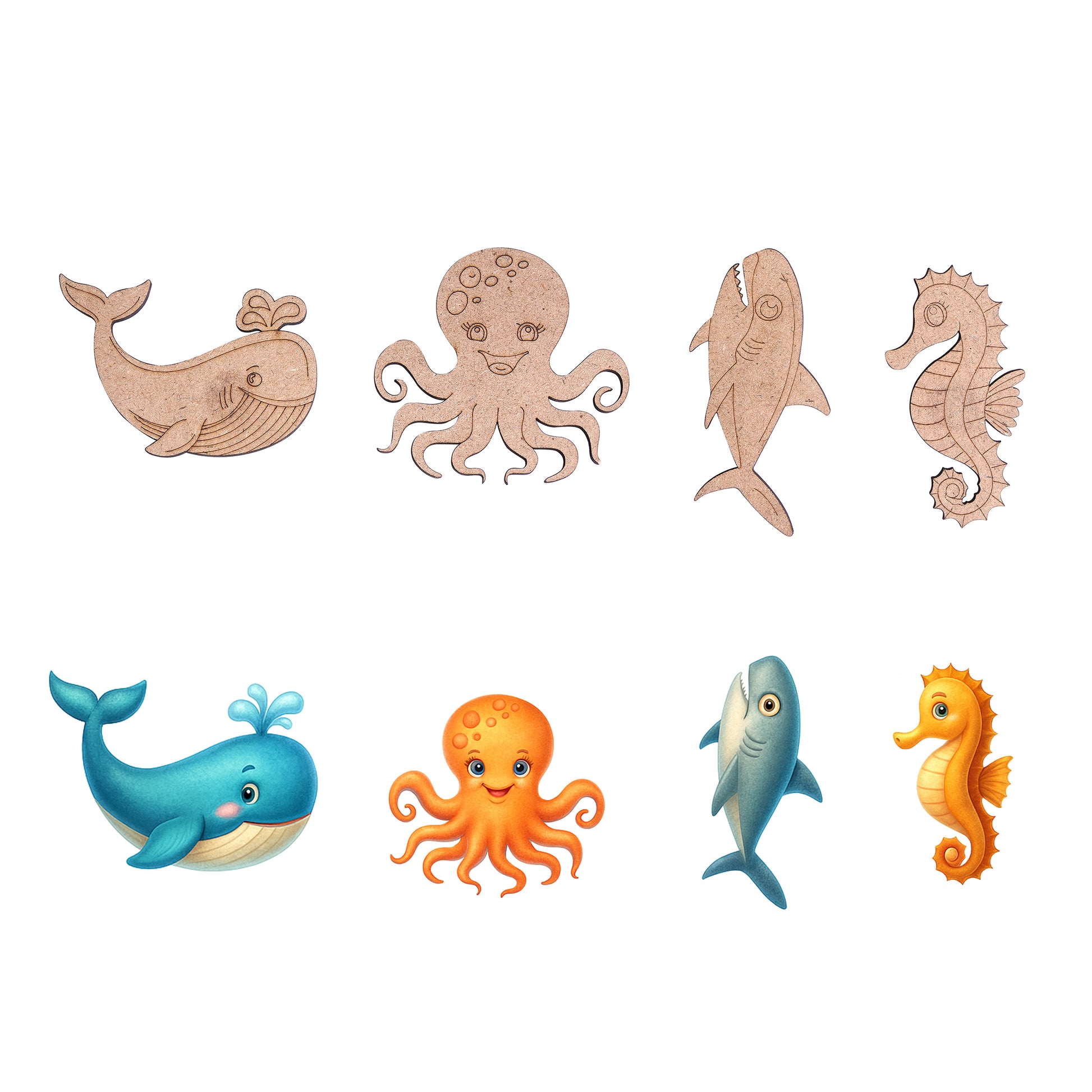 Set of wooden sea creature toys on a white background