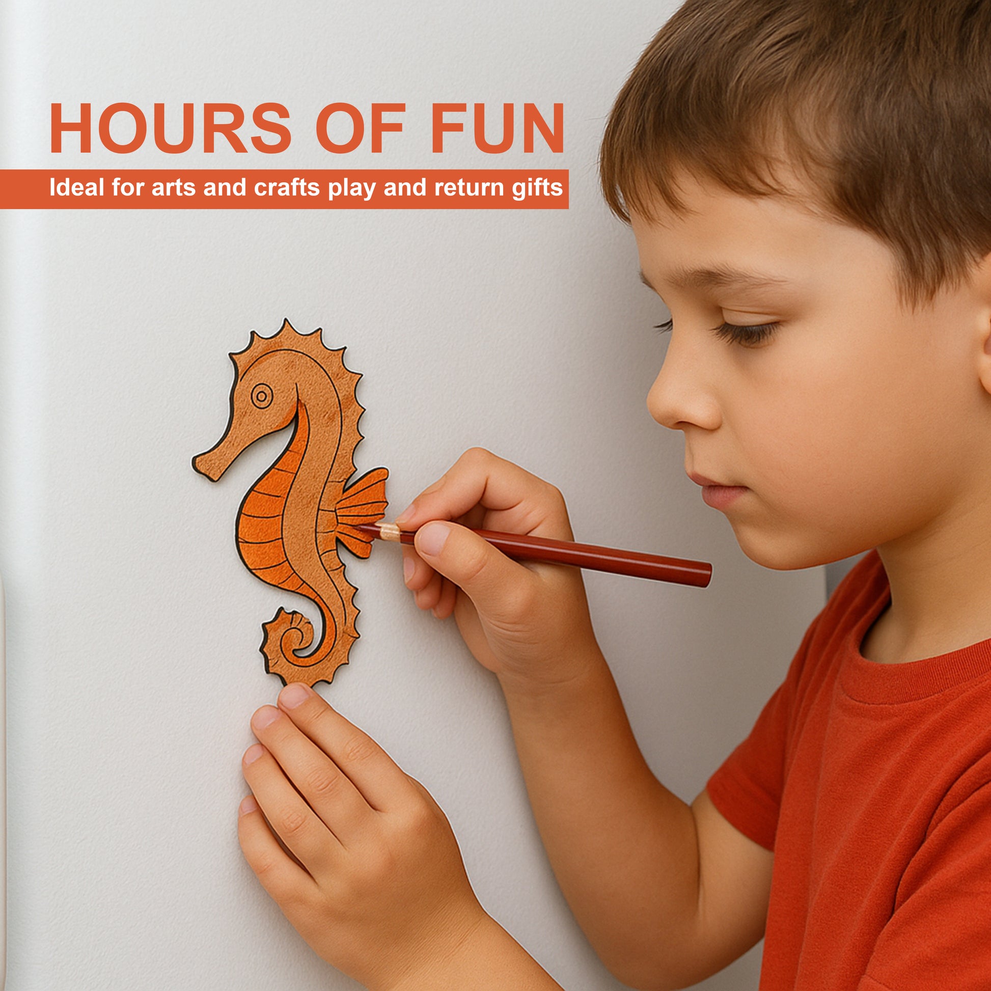 Child painting a seahorse design on a white surface with text about hours of fun.