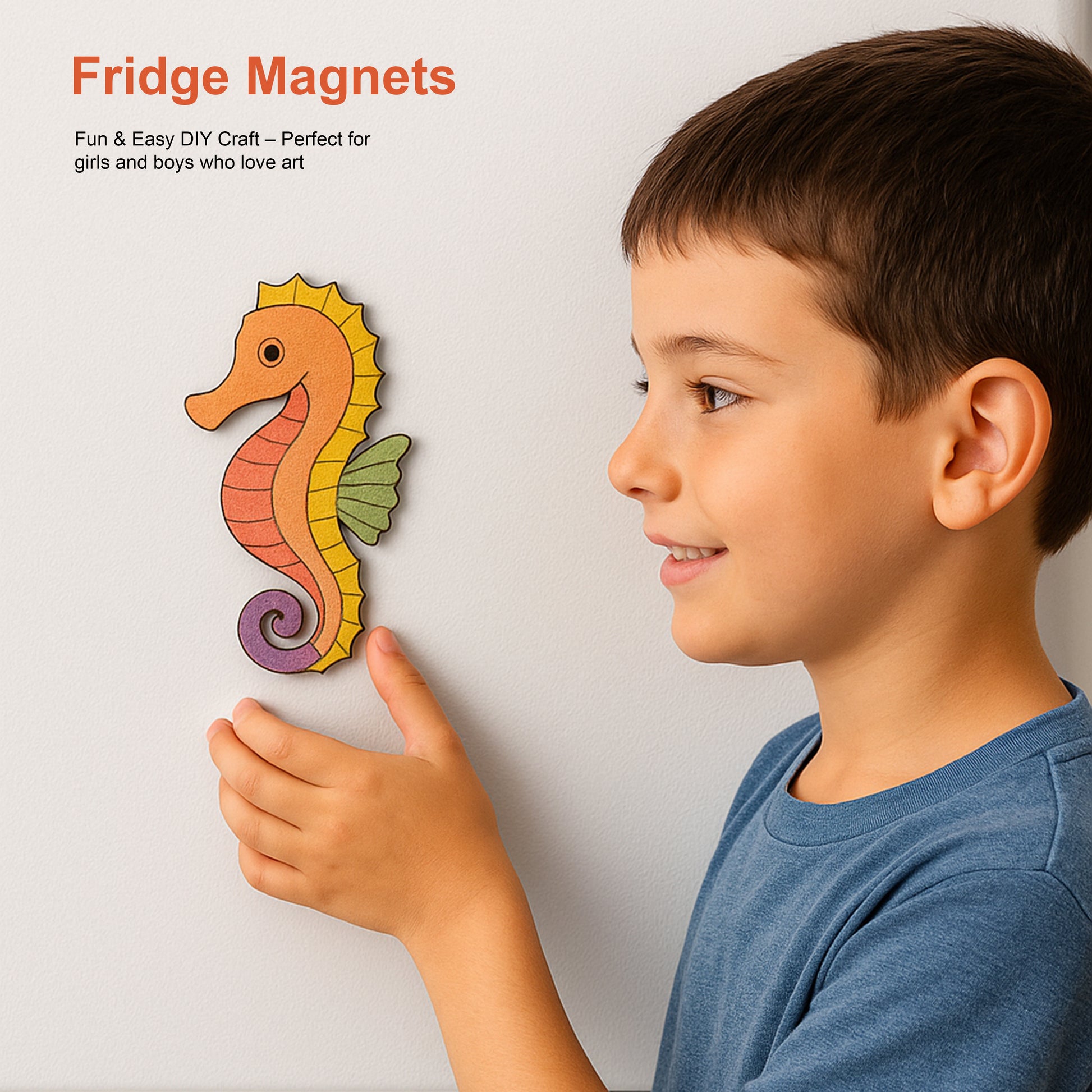 Child holding a colorful seahorse magnet on a white wall with text about fridge magnets.