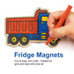 Hand drawing on a toy truck-shaped magnet with text about DIY craft for children.