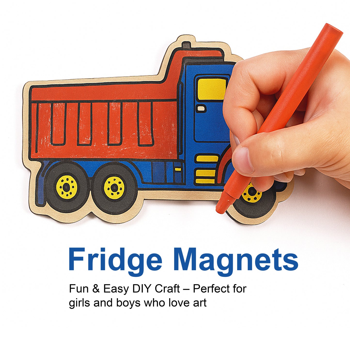 Hand drawing on a toy truck-shaped magnet with text about DIY craft for children.
