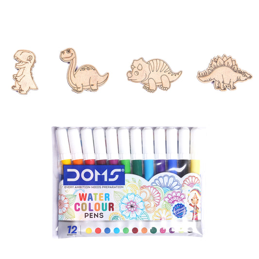 Set of watercolor pens with dinosaur illustrations on a white background
