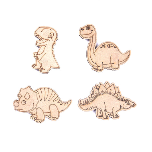Four wooden dinosaur toys on a white background