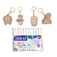 Set of watercolor pens with keychains shaped like a bus, plant, character, and animal on a white background.
