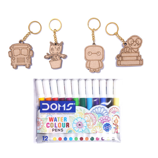 Set of watercolor pens with keychains shaped like a bus, plant, character, and animal on a white background.