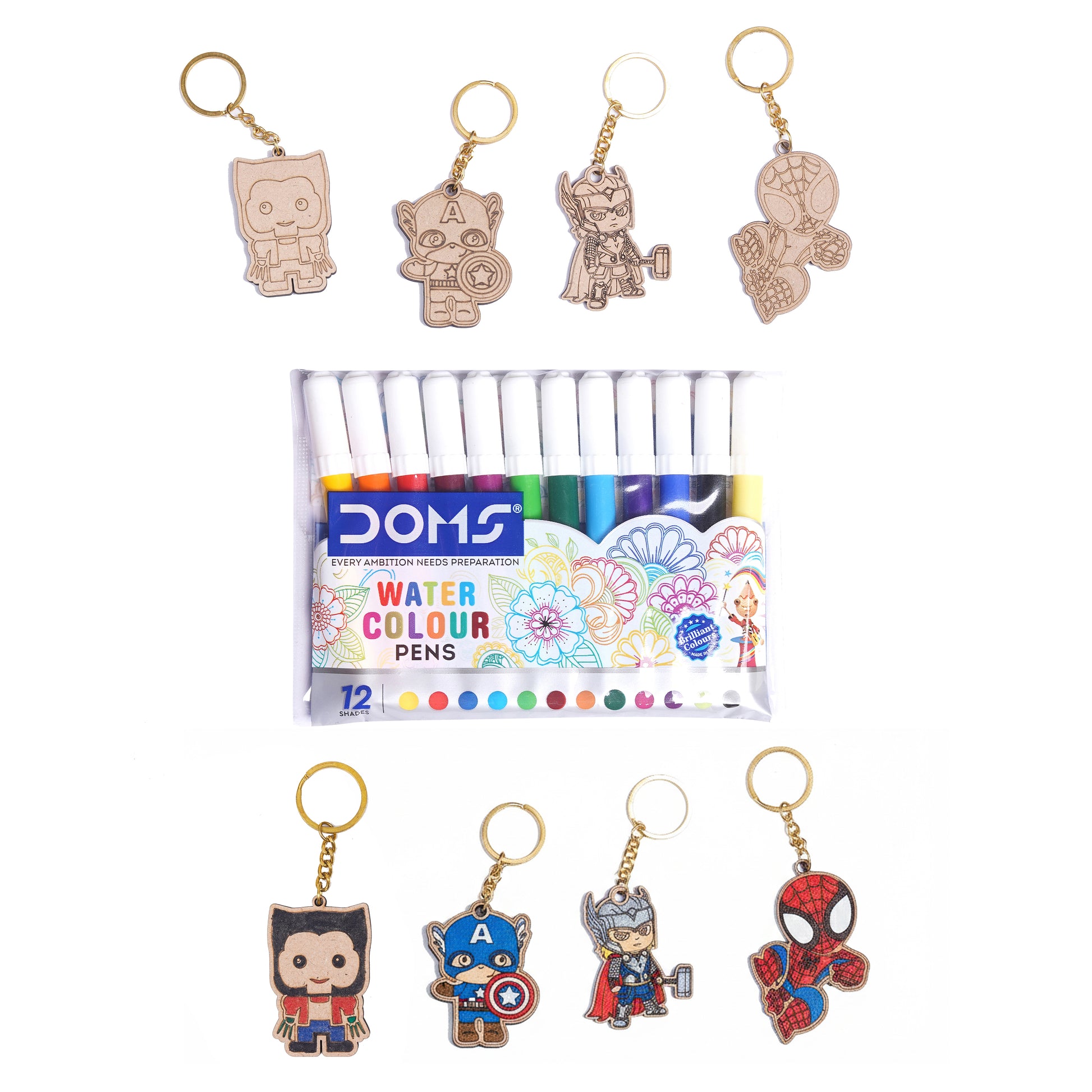 Set of watercolor pens with keychains on a white background