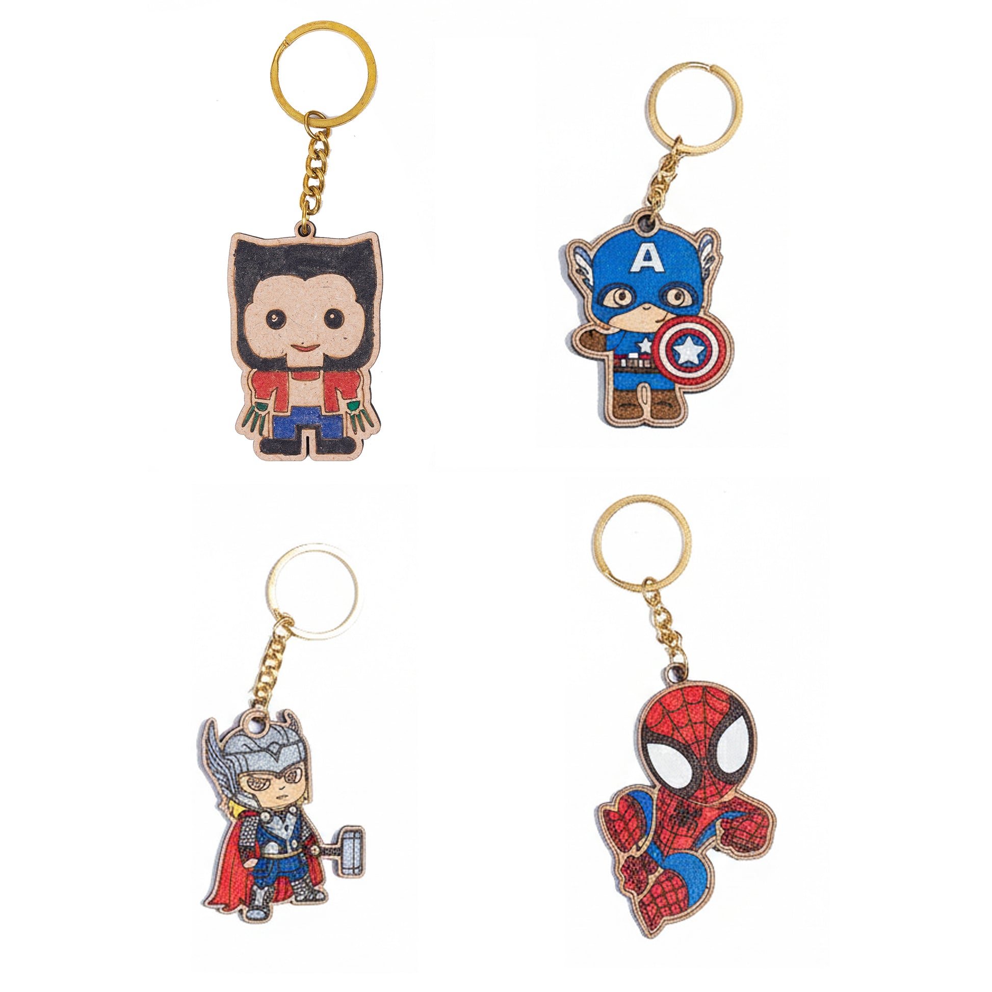 Set of four superhero keychains on a white background