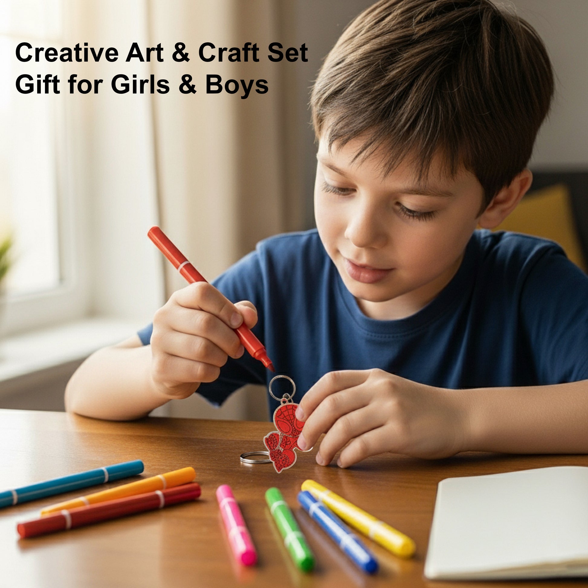 Child playing with markers and a keychain on a table, with text 'Creative Art & Craft Set Gift for Girls & Boys'.