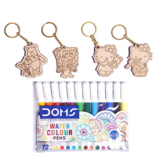 Set of watercolor pens with keychains featuring cartoon characters on a white background