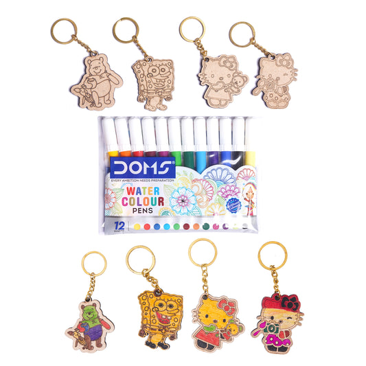 Set of keychains with cartoon characters and a pack of DOMS watercolor pens on a white background