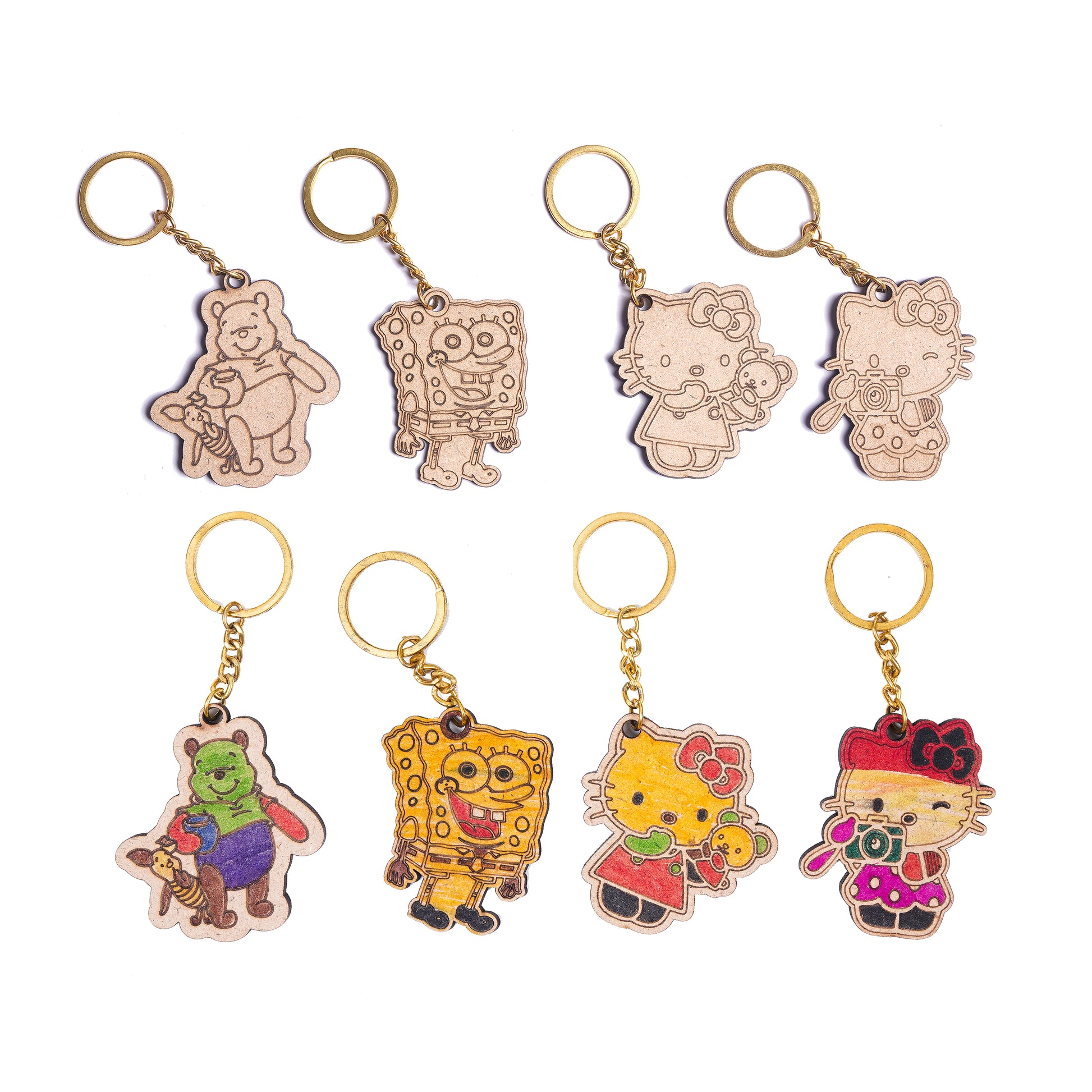 Set of colorful keychains featuring cartoon characters on a white background