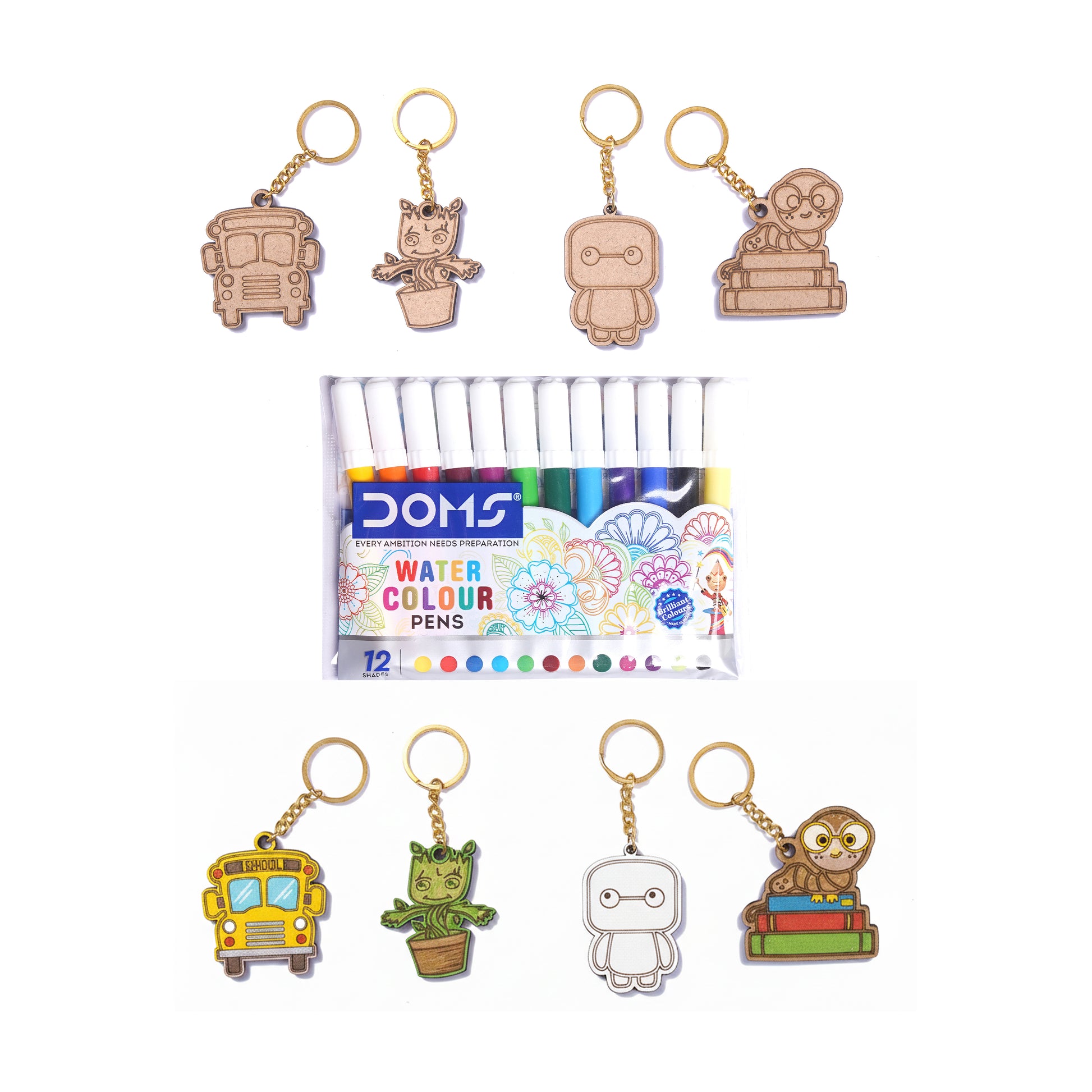 Set of cartoon keychains and a pack of watercolor pens on a white background
