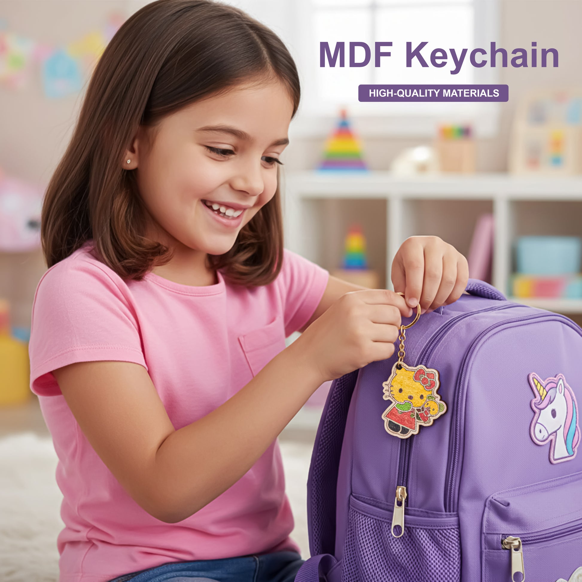 Child with a purple backpack featuring a unicorn design, holding an MDF keychain.