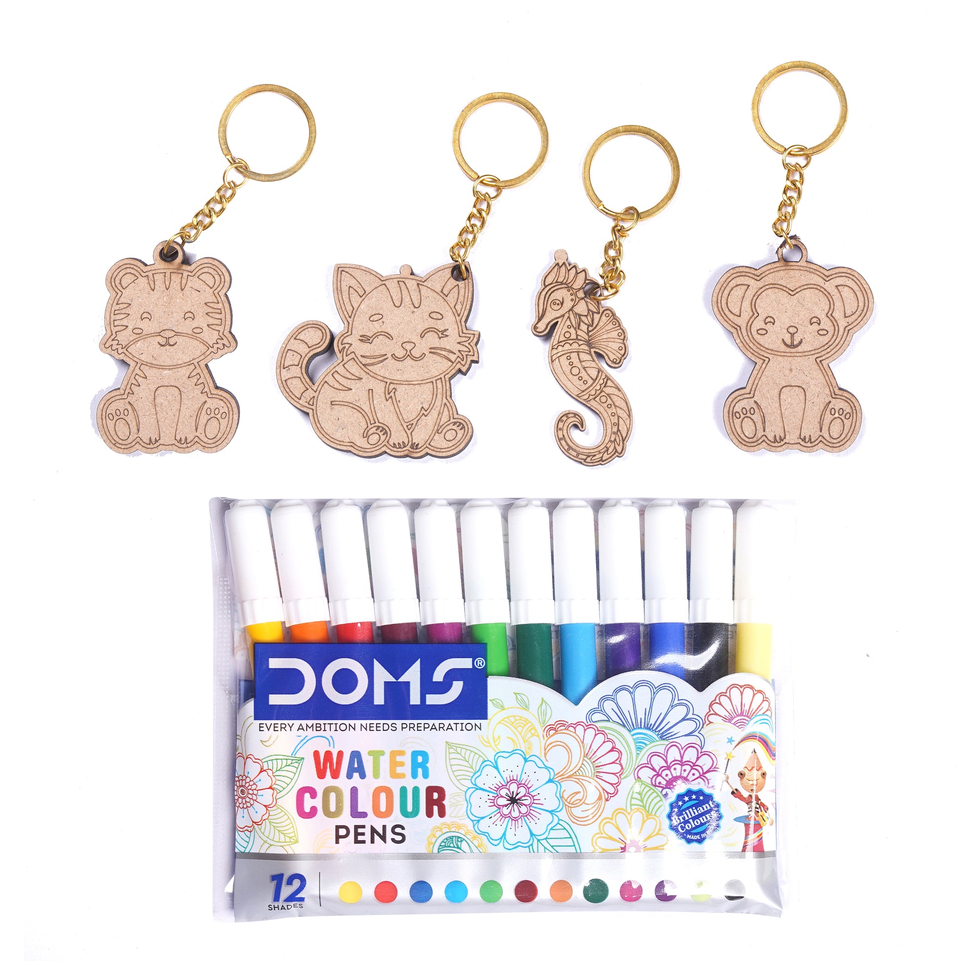 Set of watercolor pens with keychains shaped like a cat, seahorse, and bear on a white background.