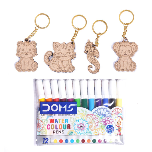 Set of watercolor pens with keychains shaped like a cat, seahorse, and bear on a white background.