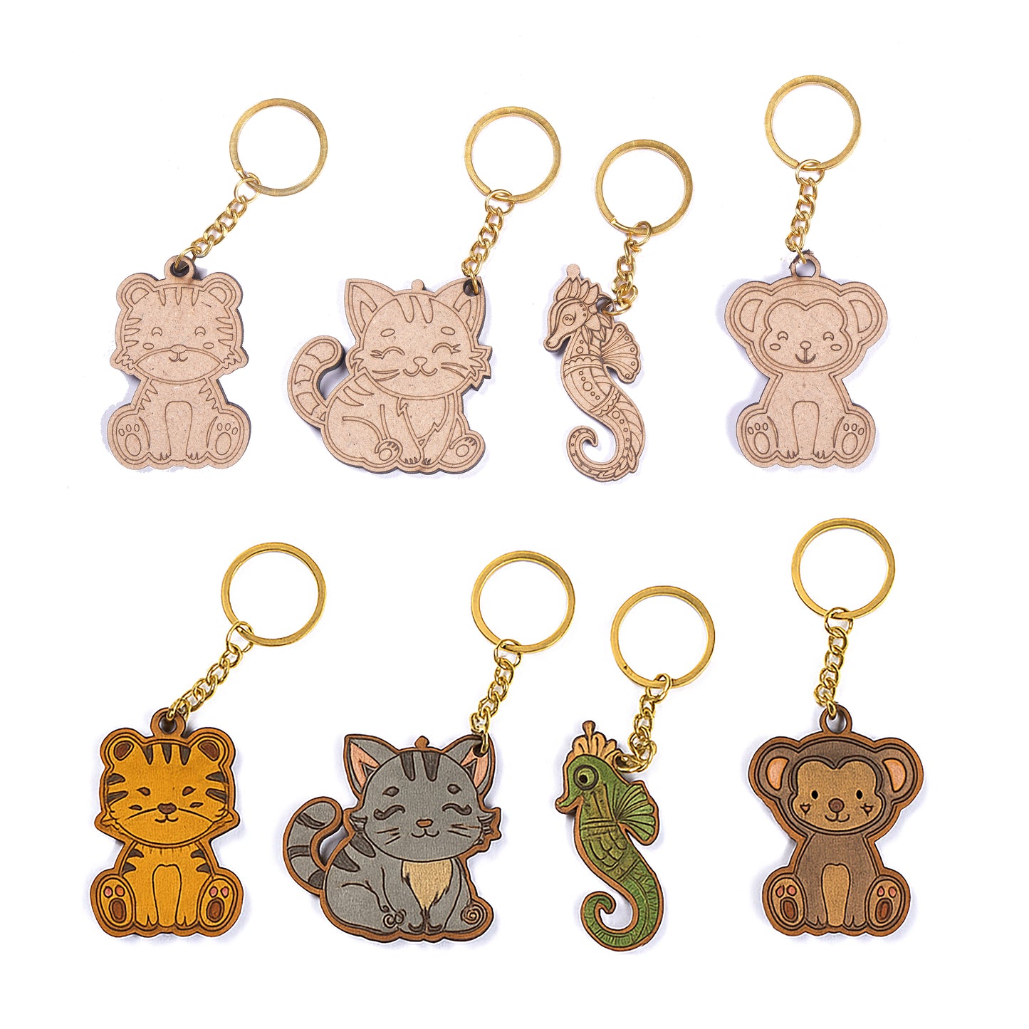 Set of animal-themed keychains on a white background