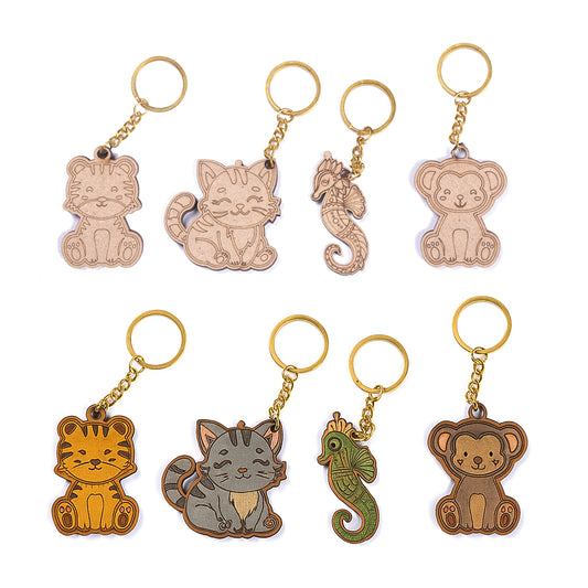 Set of animal-themed keychains on a white background