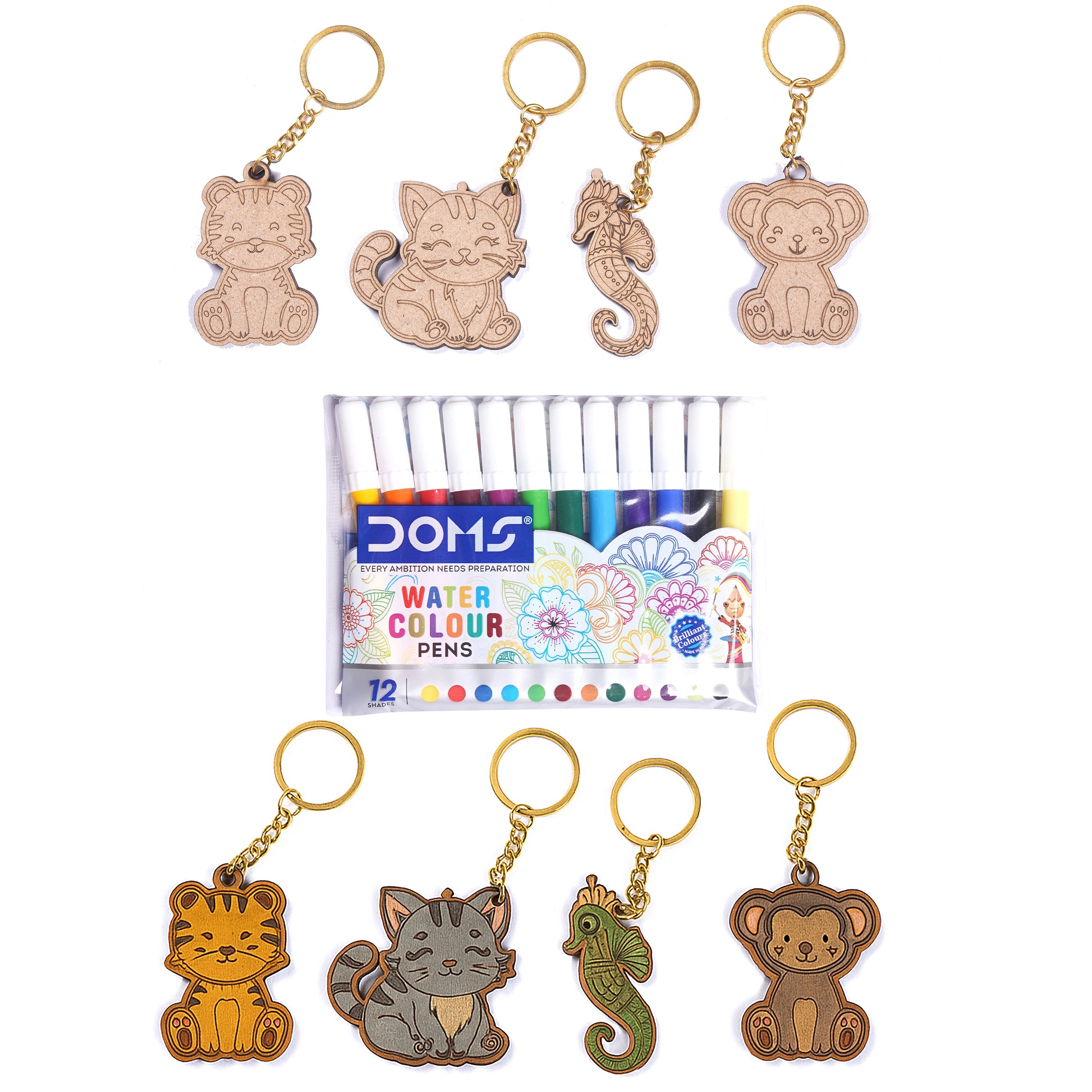 Set of animal-themed keychains with a pack of DOMS watercolor pens on a white background