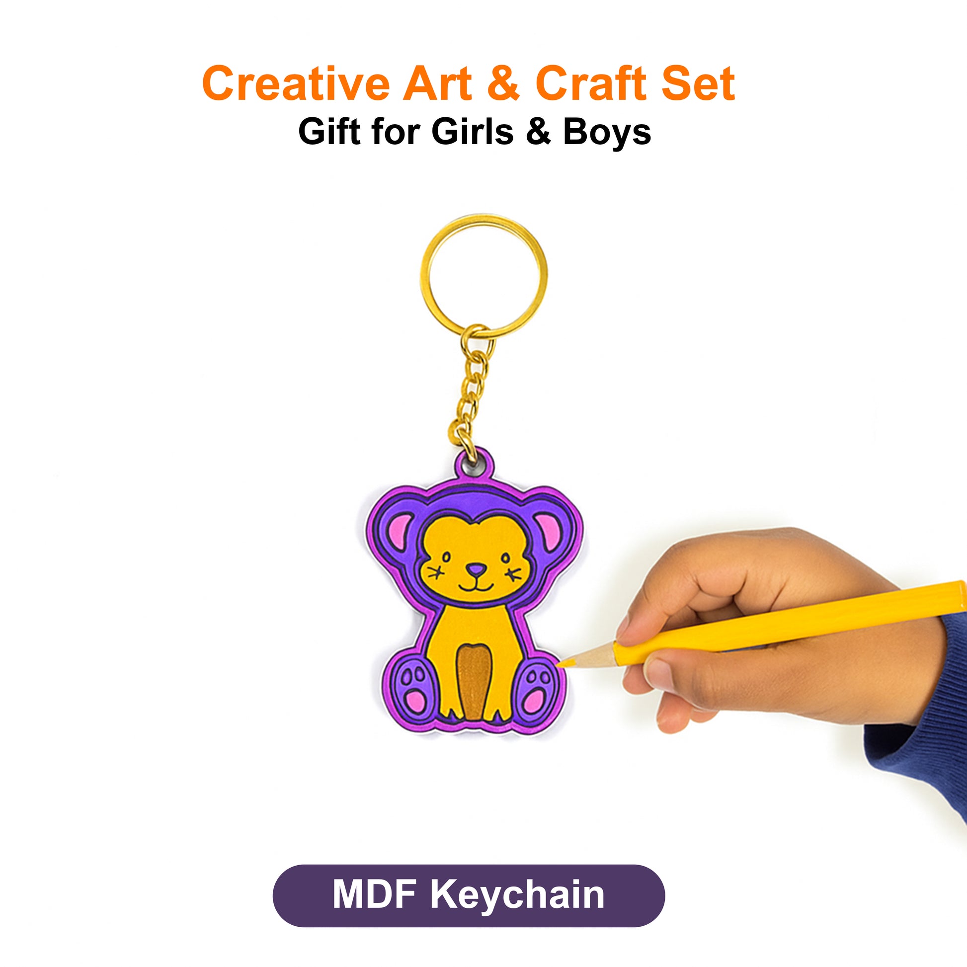 MDF keychain shaped like a bear with a hand holding a pencil on a white background
