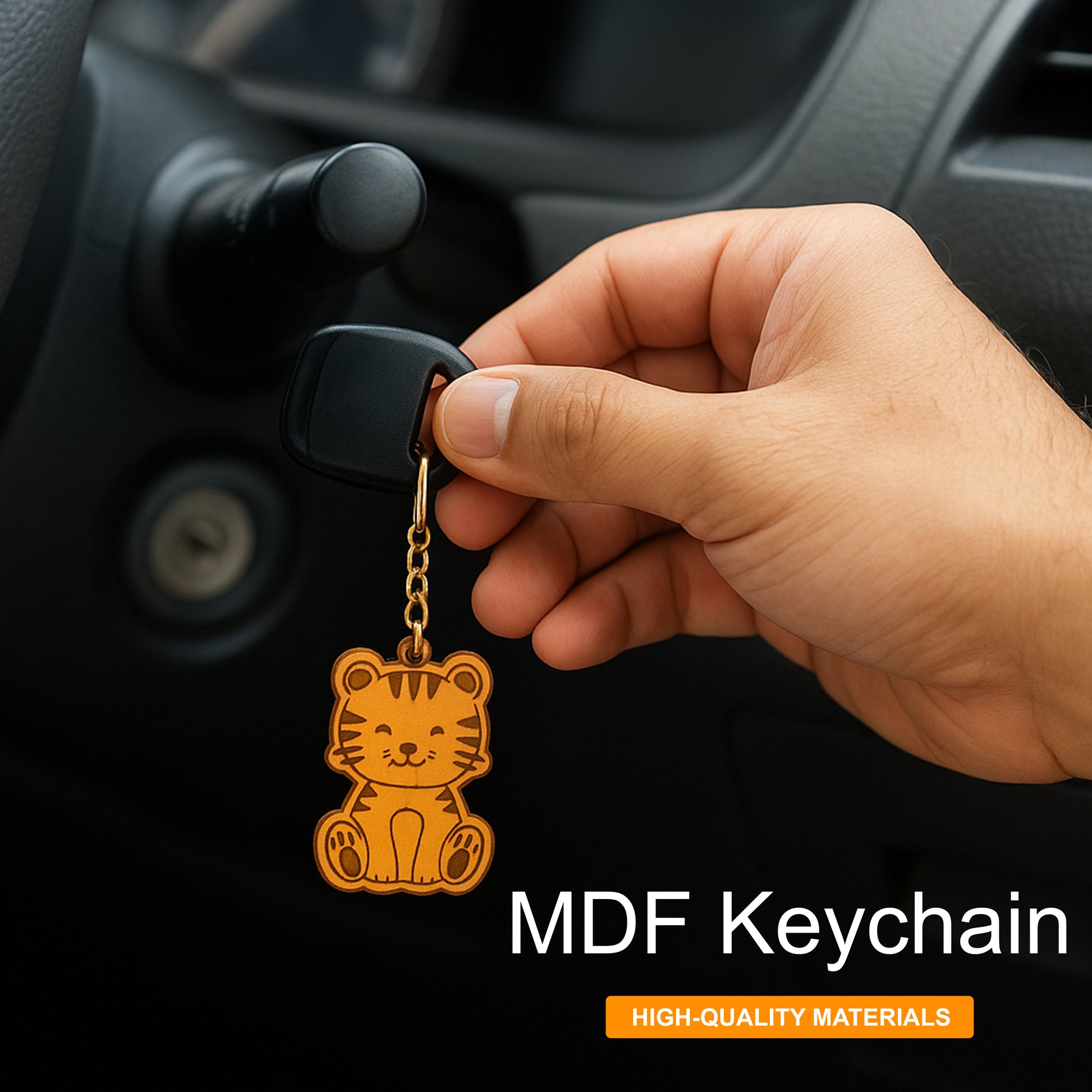 Hand holding a keychain with a tiger design in front of a car's ignition.
