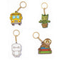 Four keychains with different designs on a white background
