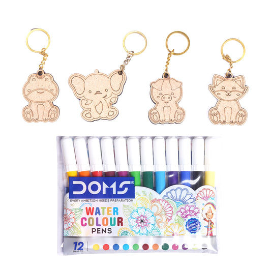 Set of watercolor pens with keychains shaped like a frog, elephant, pig, and cat on a white background.