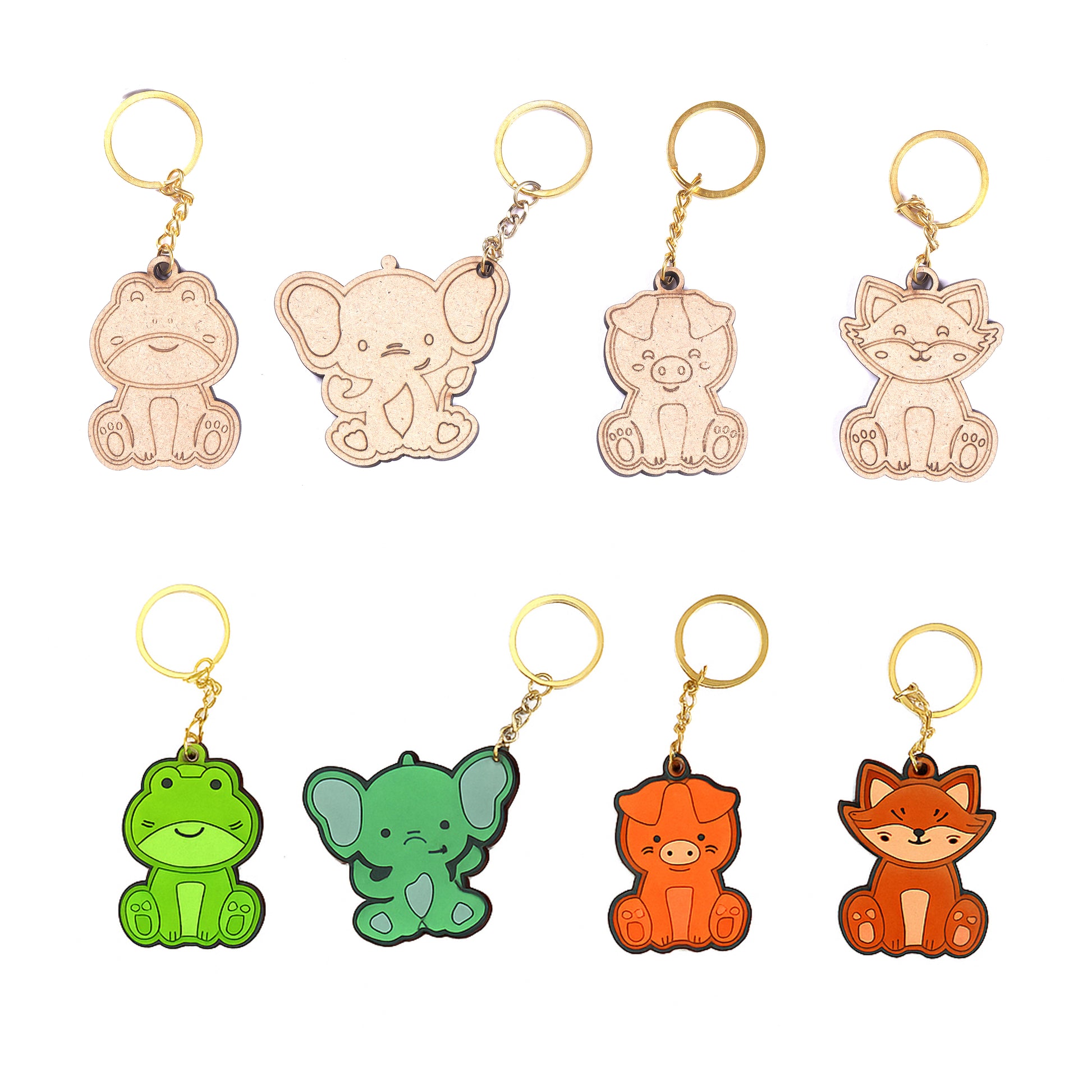 Set of colorful animal keychains on a white background