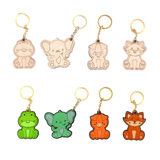 Set of colorful animal keychains on a white background