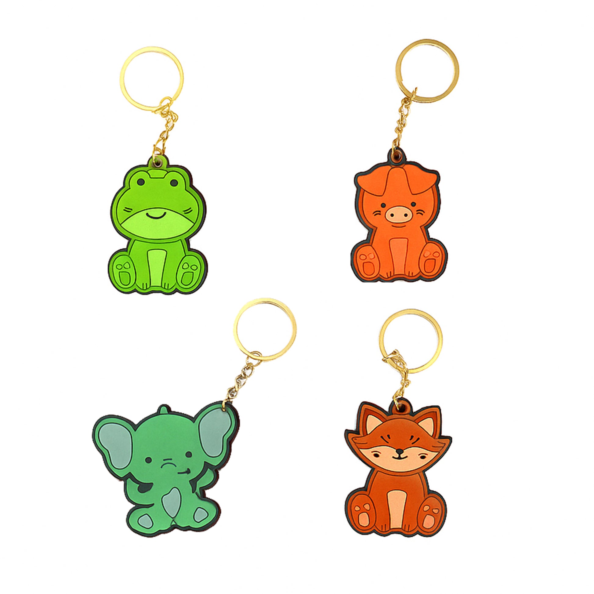 Four animal-themed keychains (frog, bear, elephant, fox) on a white background