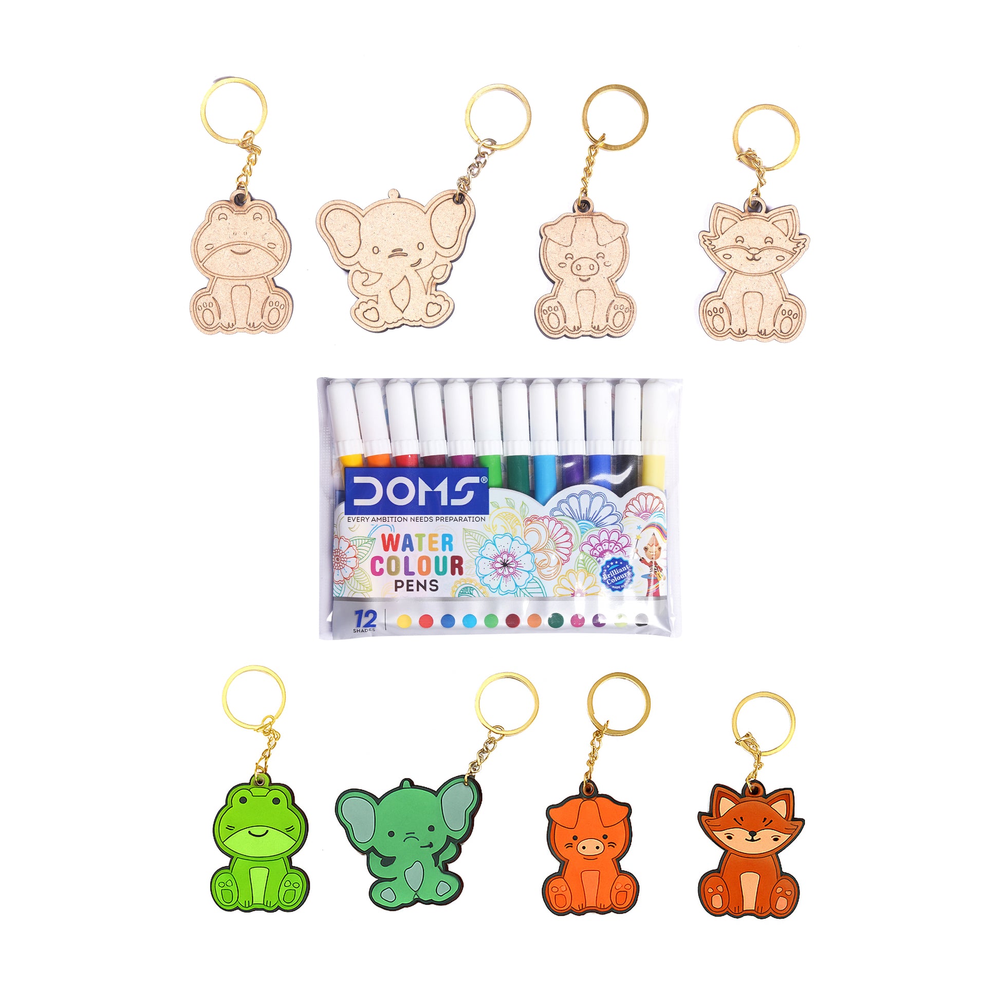 Set of animal-shaped keychains with a pack of DOMS watercolor pens on a white background