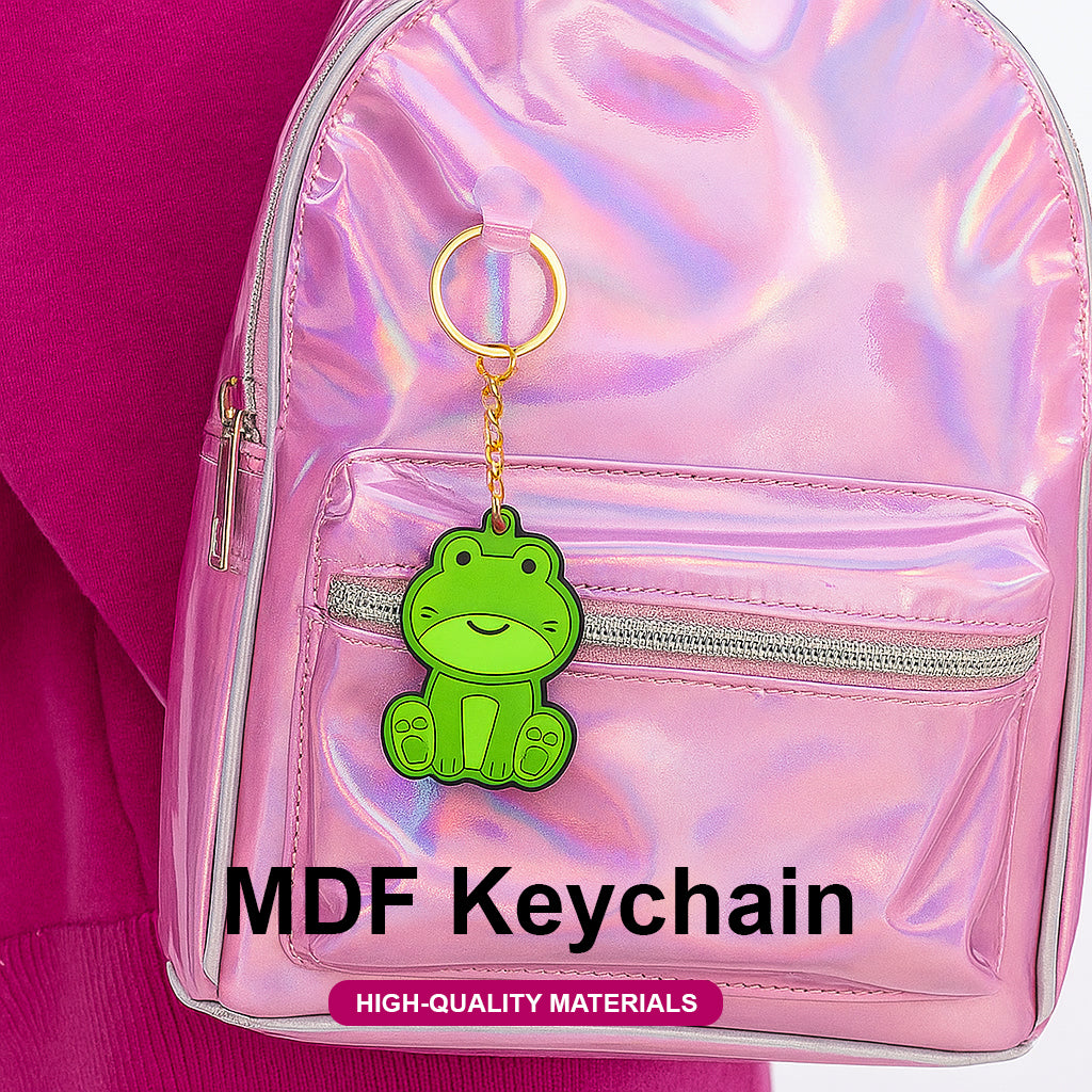 Pink iridescent backpack with a green frog keychain on a pink background